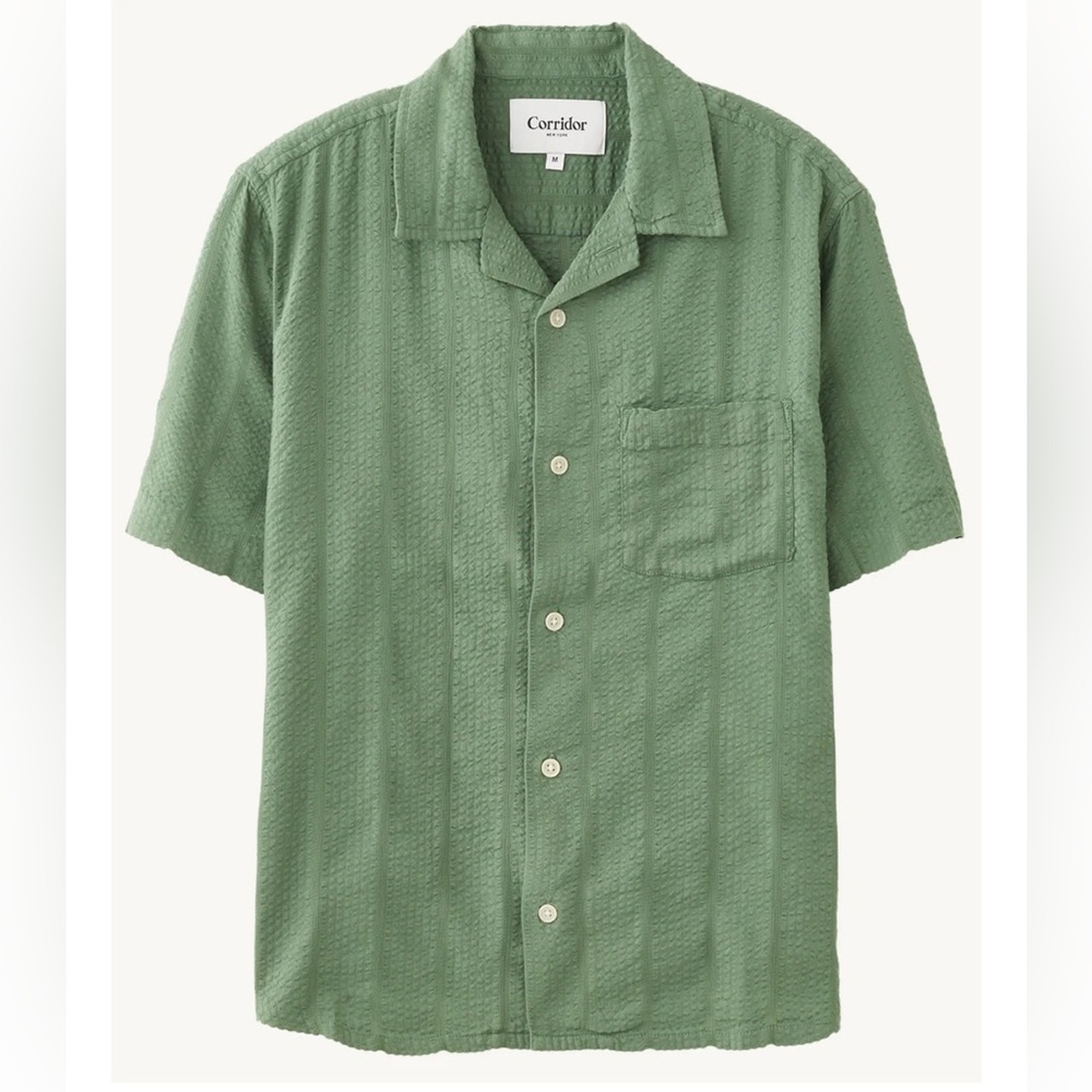 Corridor New York - Seersucker Striped Short Sleeve Button Down - Green